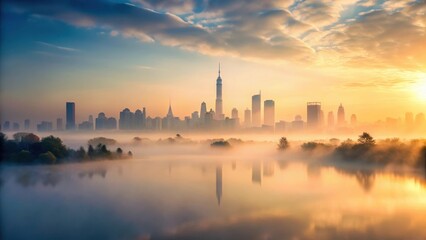 Naklejka premium Gentle foggy morning with blurred cityscape and soft light effect, blur, soft light, blur, soft light, atmosphere