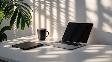 Fototapeta premium A serene workspace setting with a laptop, notebook, and coffee cup surrounded by shadow patterns from indoor plants