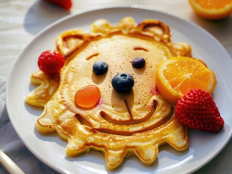 A creatively designed plate of pancakes featuring a smiley face made with fruits, including blueberries and oranges, suitable for kids' meals.