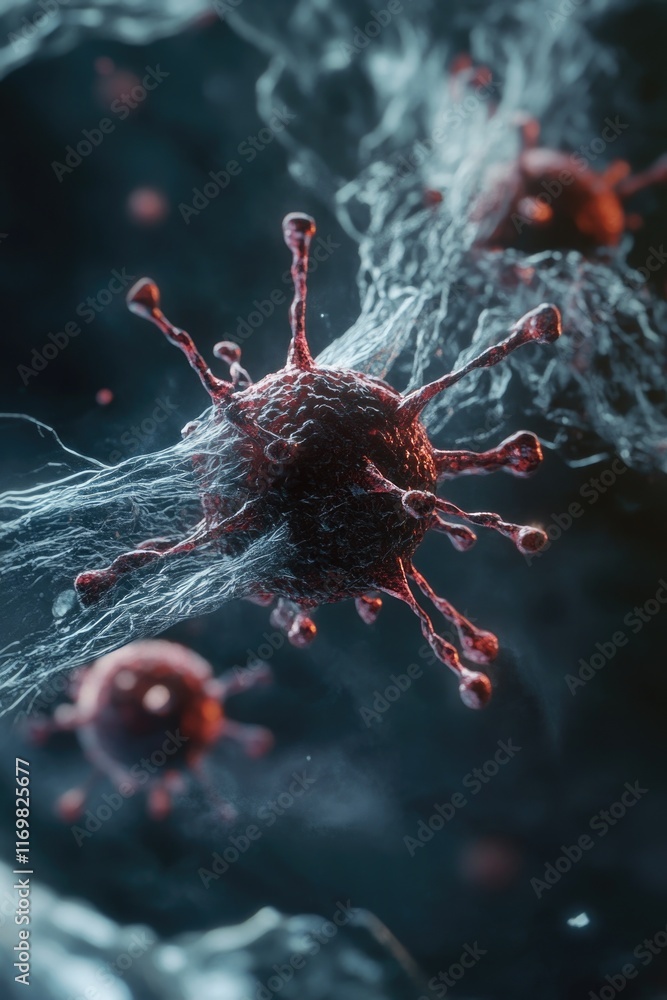 Aufkleber microscopic image of a viral particle with surface proteins within a cellular environment, showcasin