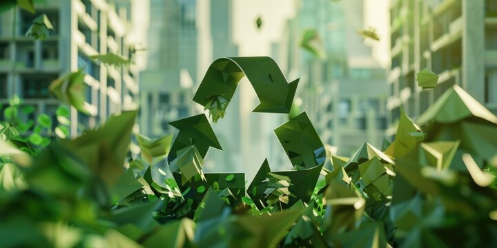 Green paper recycling symbol is surrounded by a pile of paper. The image conveys the importance of recycling and taking care of the environment