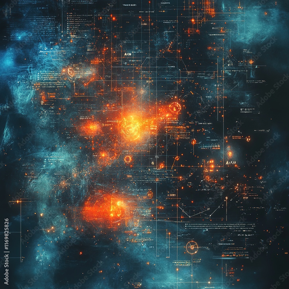 Poster exploring cosmic data visualizations digital realm abstract art sci-fi atmosphere close-up futuristi