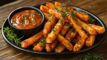 Fototapeta premium Delectable Golden Sweet Potato Fries Served with Vibrant Dipping Sauce on a Rustic Wooden Table