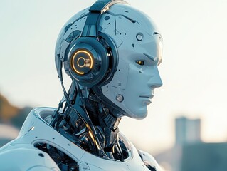 Fototapeta premium A sophisticated humanoid robot with headphones and a serene expression.