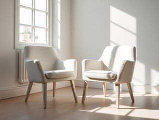 Fototapeta premium Minimalist interior lighting with two white chairs in sunlit room