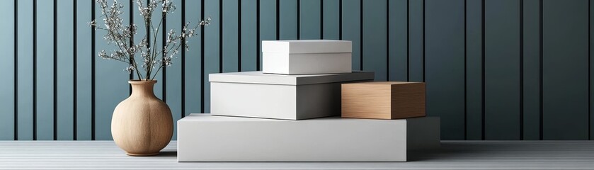 Stack of Minimalist Storage Boxes with Decorative Vase and Flowers
