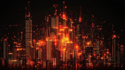 Obraz premium Digital buildings in the shape of skyscrapers, made up of golden light and red pixel patterns,