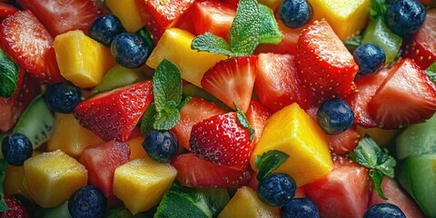 Fresh fruit salad with melon, strawberries, blueberries, and kiwi slices. Cucumber provides a refreshing crunch.