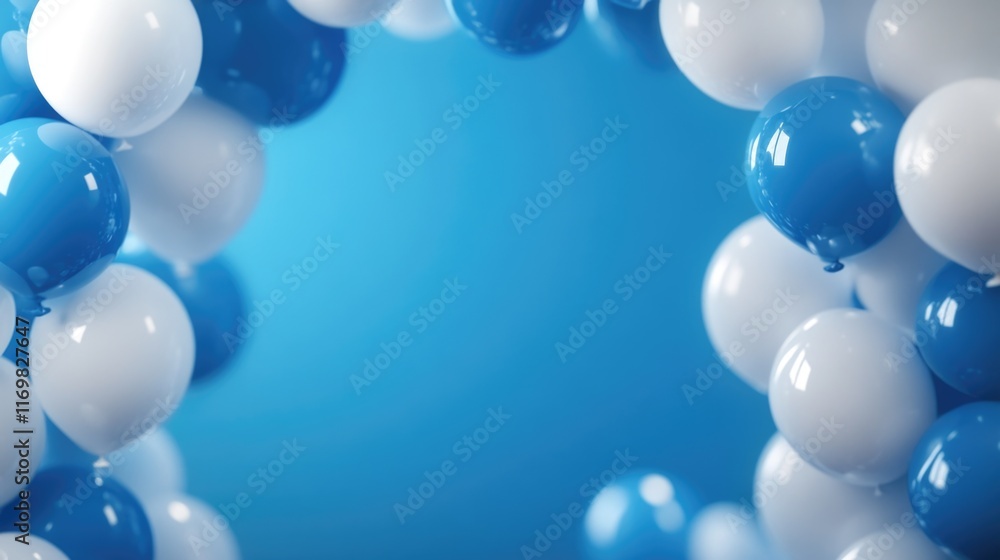 Poster colorful balloon arch with blue and white balloons is floating in the air. the arch is made up of ma