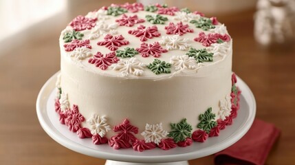 Beautifully decorated holiday cake with colorful frosting flowers in red, green, and white displayed on a pedestal