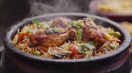 Fototapeta premium A Delectable Tandoori Chicken Cooked in a Traditional Clay Oven with Biryani and Papad