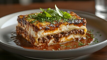 A Hearty Serving of Beef Lasagna with Creamy Cheese and Fresh Basil Garnish