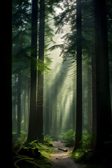 Sunlit Paradisiacal GS Forest: Mystical Dense Greenery Enveloped in Morning Mist