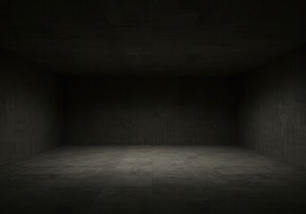 Dark concrete room interior with shadowy atmosphere and minimalist design