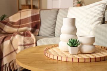 Succulent plant with vases on wooden table in living room, closeup