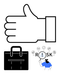 Obraz premium Thumbs-up sign for approval, briefcase representing business, magnifying glass examining risk text with icons. Ideal for business strategy, risk management, finance, teamwork, motivation