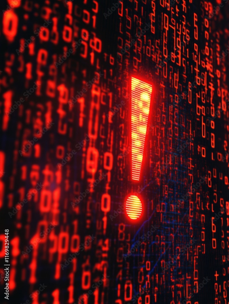Poster binary code with an exclamation symbol emphasizing the importance of data analysis.