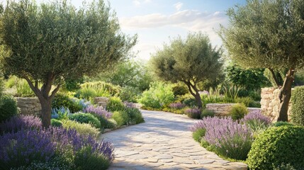 Fototapeta premium Serene garden path with olive trees, lavender, and stone walls.