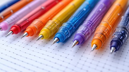 Colorful pens arranged on a dotted notebook.