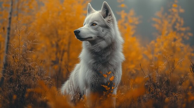 Alert Akbash Dog standing at the edge of a forest with a cautious look