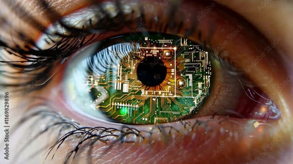 Poster A close-up view of an eye showcasing a vibrant circuit board mirrored in its reflection, highlighting the intricate connection between human vision and artificial intelligence.