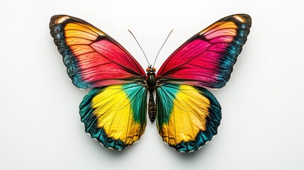 Obraz premium A bright and vibrant multi-colored butterfly viewed from the top, resting delicately on a white background. 