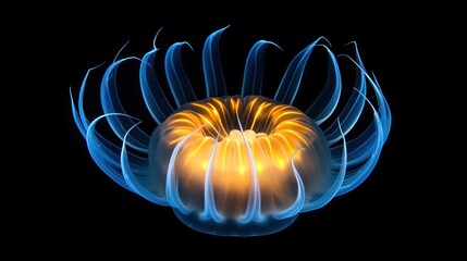 Bioluminescent deep sea creature with vibrant blue and orange tentacles against a black background.