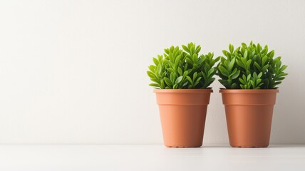 Fototapeta premium Minimalist display of two rustic plastic pot plants. Indoor plant for house decoration.
