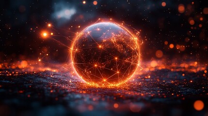 Fiery Globe Illuminated By Network Connections
