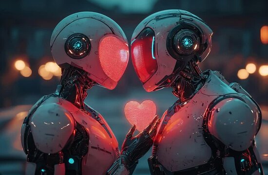 Futuristic Robots Holding Light Heart in Romantic Setting