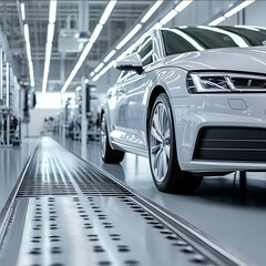 Photo long shot a clean car parked on the floor of a bright modern vehicle inspection factory