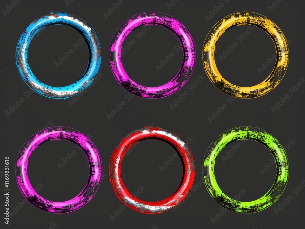 Poster series of colorful circles with a black background. the circles are of different colors and sizes. c