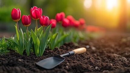 Vibrant tulips blooming in a garden with a gardening tool resting on the rich soil, capturing the essence of springtime beauty and nurturing growth.