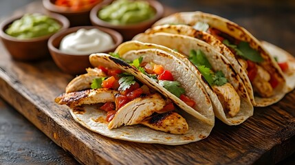 Authentic Chicken Fajitas Experience Served on Rustic Board with Fresh Dips