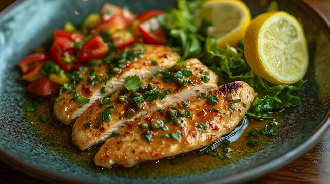 Vibrant Chicken Piccata Served with a Rich Lemon Caper Sauce and a Refreshing Side Salad