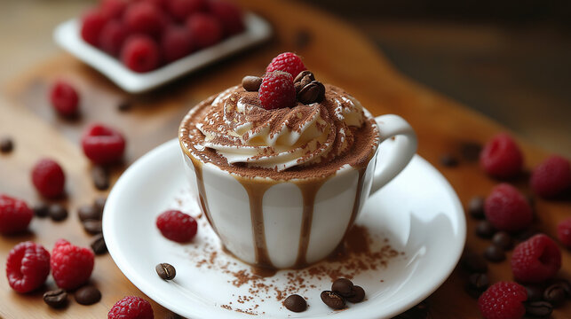 Cups of coffee with cream and fresh raspberry