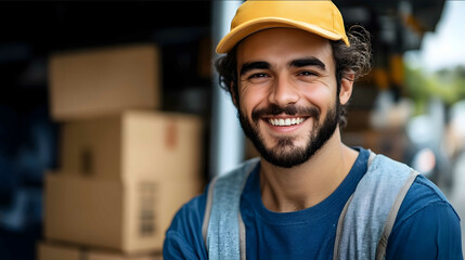 2023 professional photograph Smiling delivery worker copy space