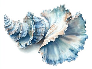 A blue and white seashell with a frilly edge, isolated on a white background.