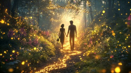Couple Walking Hand In Hand Through A Magical Forest
