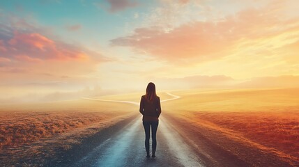 A woman standing at a crossroads, looking thoughtfully at different paths ahead, symbolizing the journey of finding one's purpose