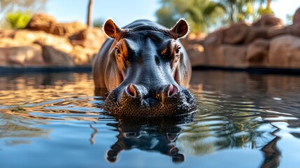 Fototapeta premium Hippo drinking at pond, realistic zoo habitat, warm summer atmosphere