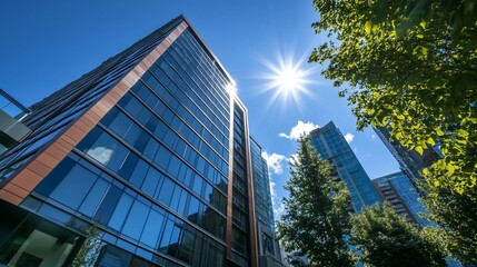 Obraz premium Modern glass skyscraper with sun and trees.