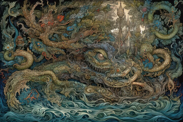 a fantasy scene featuring a huge dragon-like creature covered in detailed patterns and plants.  