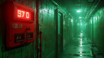 Eerie Hallway with Neon Red Light and Green Fog