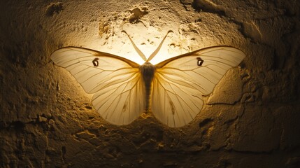 Illuminated Luna Moth on textured wall.