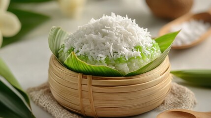 Delicious Pandan Sticky Rice with Coconut Flakes in Bamboo Steamer