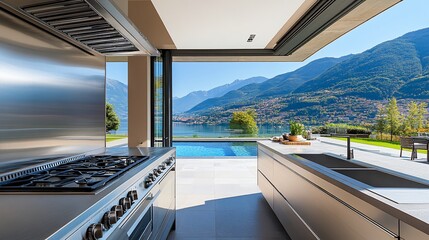 Fototapeta premium Modern outdoor kitchen with lake and mountain view.