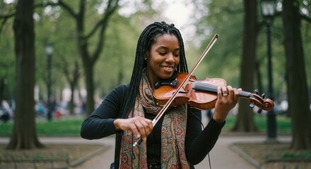 Joyful violinist in park performing music outdoors