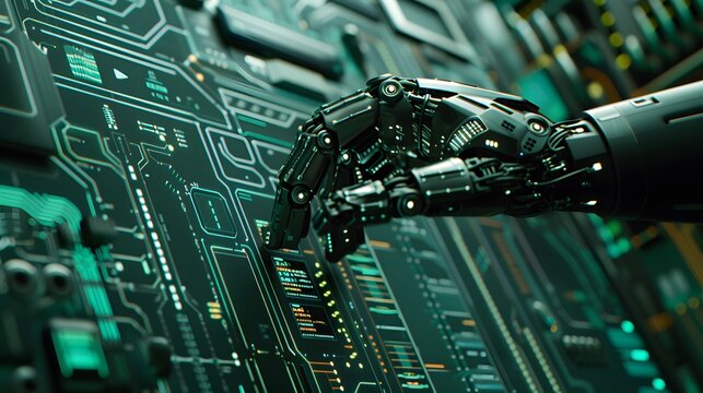 This close-up photo shows the robot hand on the futuristic icon being used to check the correct data by using RPA function software to detect and synchronize the data with the system for future