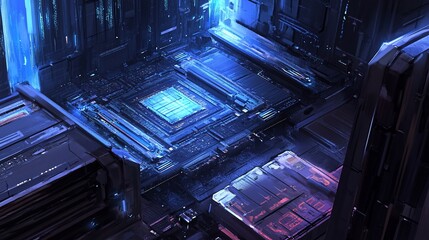 Futuristic cyberpunk motherboard glowing with blue and purple light.